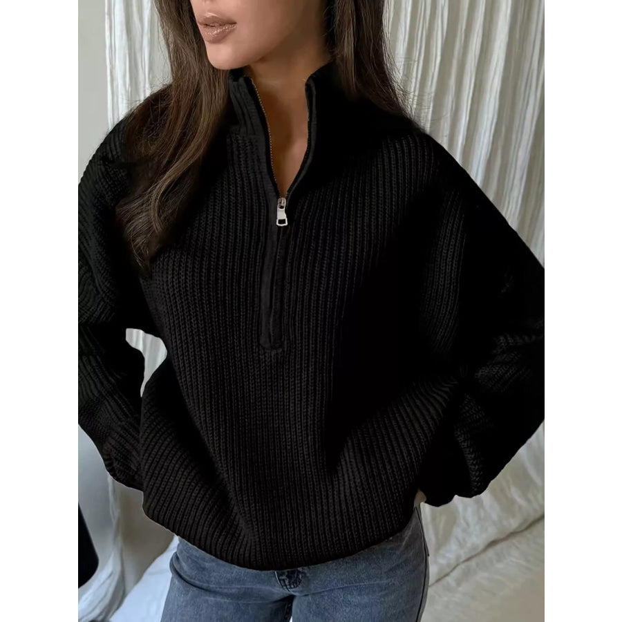 Full Size Half Zip Dropped Shoulder Sweater Plus Black / S Apparel and Accessories