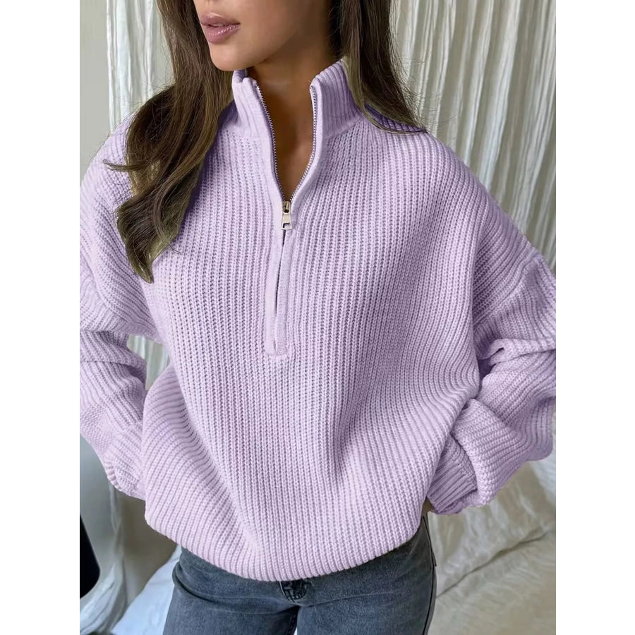 Full Size Half Zip Dropped Shoulder Sweater Plus Light Purple / S Apparel and Accessories
