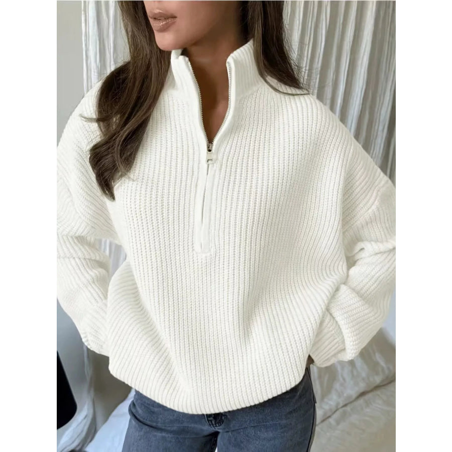 Full Size Half Zip Dropped Shoulder Sweater Plus White / S Apparel and Accessories