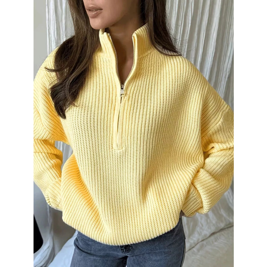 Full Size Half Zip Dropped Shoulder Sweater Plus Yellow / S Apparel and Accessories