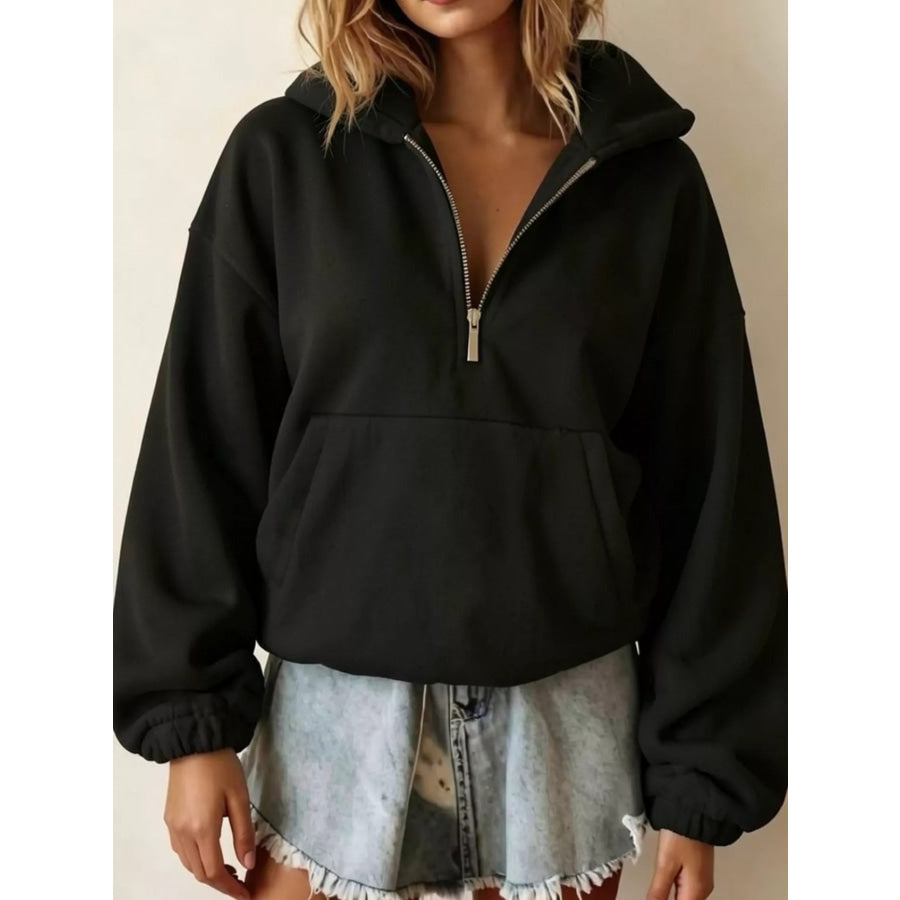 Full Size Half-Zip Fleece Sweatshirt Plus Black / S Apparel and Accessories