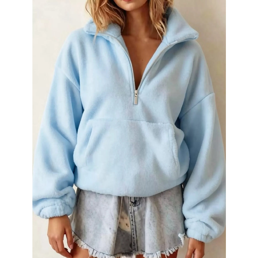 Full Size Half-Zip Fleece Sweatshirt Plus Light Blue / S Apparel and Accessories