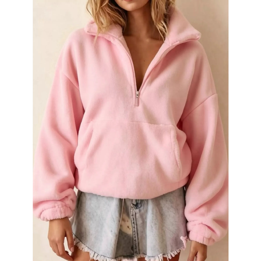 Full Size Half-Zip Fleece Sweatshirt Plus Pink / S Apparel and Accessories