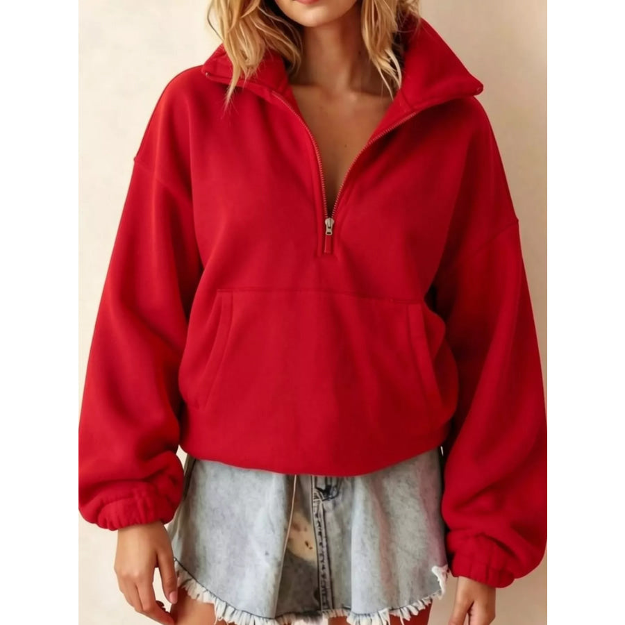 Full Size Half-Zip Fleece Sweatshirt Plus Red / S Apparel and Accessories