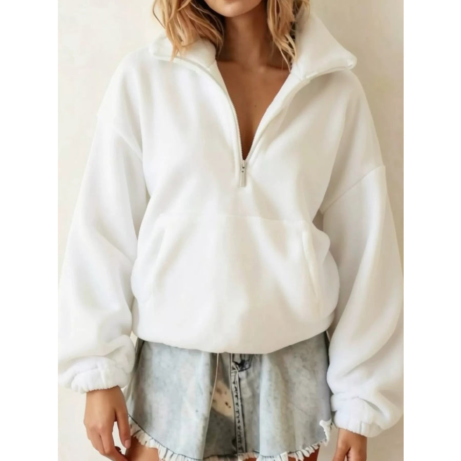 Full Size Half-Zip Fleece Sweatshirt Plus White / S Apparel and Accessories