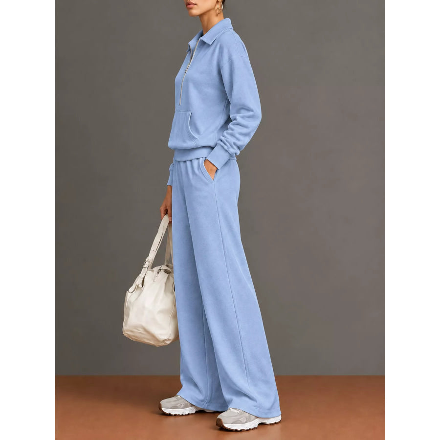 Full Size Half Zip Long Sleeve Top and Pants Set Plus Apparel Accessories