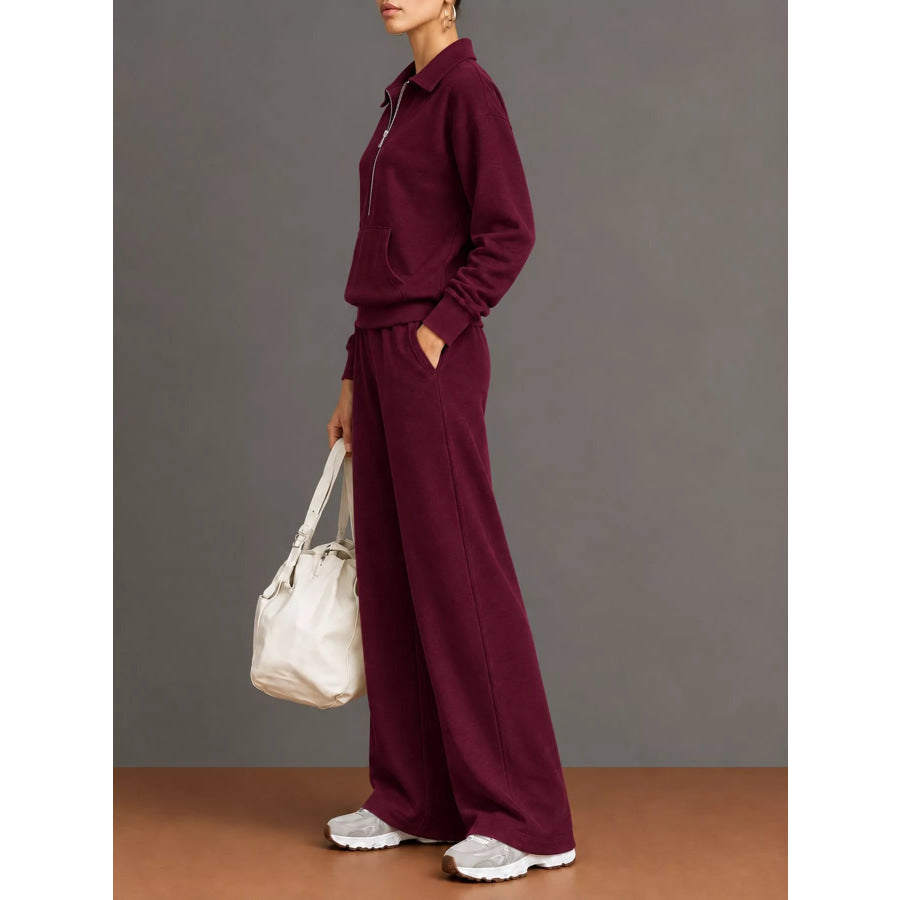 Full Size Half Zip Long Sleeve Top and Pants Set Plus Apparel Accessories