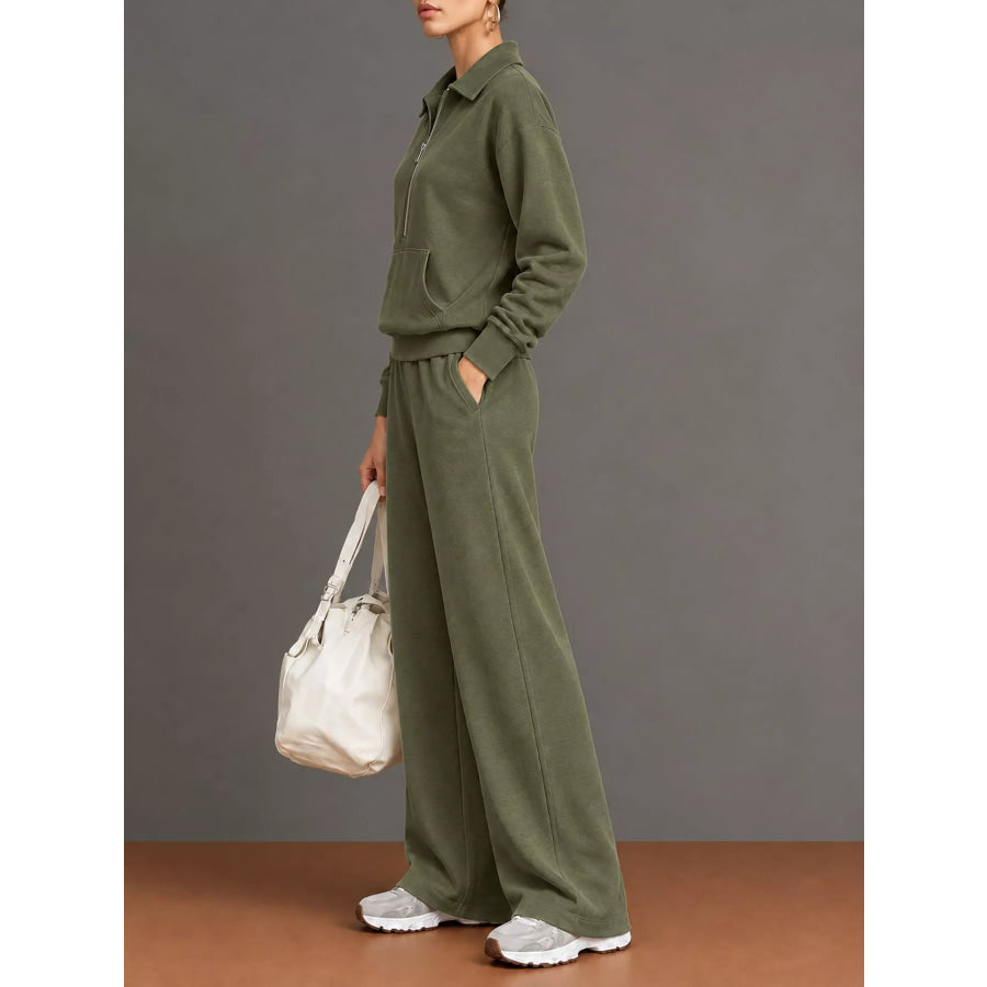 Full Size Half Zip Long Sleeve Top and Pants Set Plus Apparel Accessories