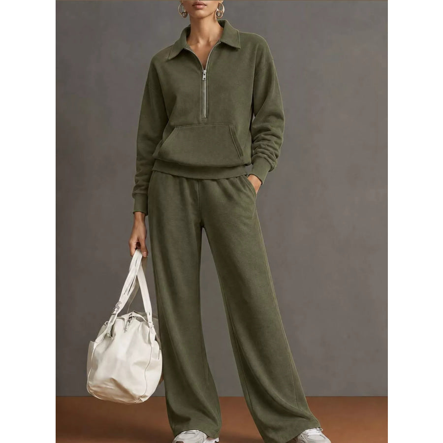 Full Size Half Zip Long Sleeve Top and Pants Set Plus Army Green / S Apparel Accessories