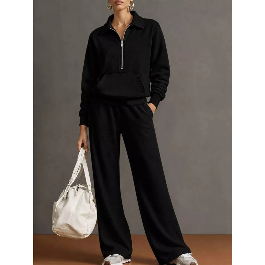 Full Size Half Zip Long Sleeve Top and Pants Set Plus Black / S Apparel Accessories