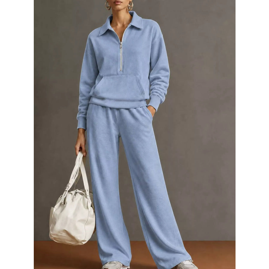 Full Size Half Zip Long Sleeve Top and Pants Set Plus Blue / S Apparel Accessories