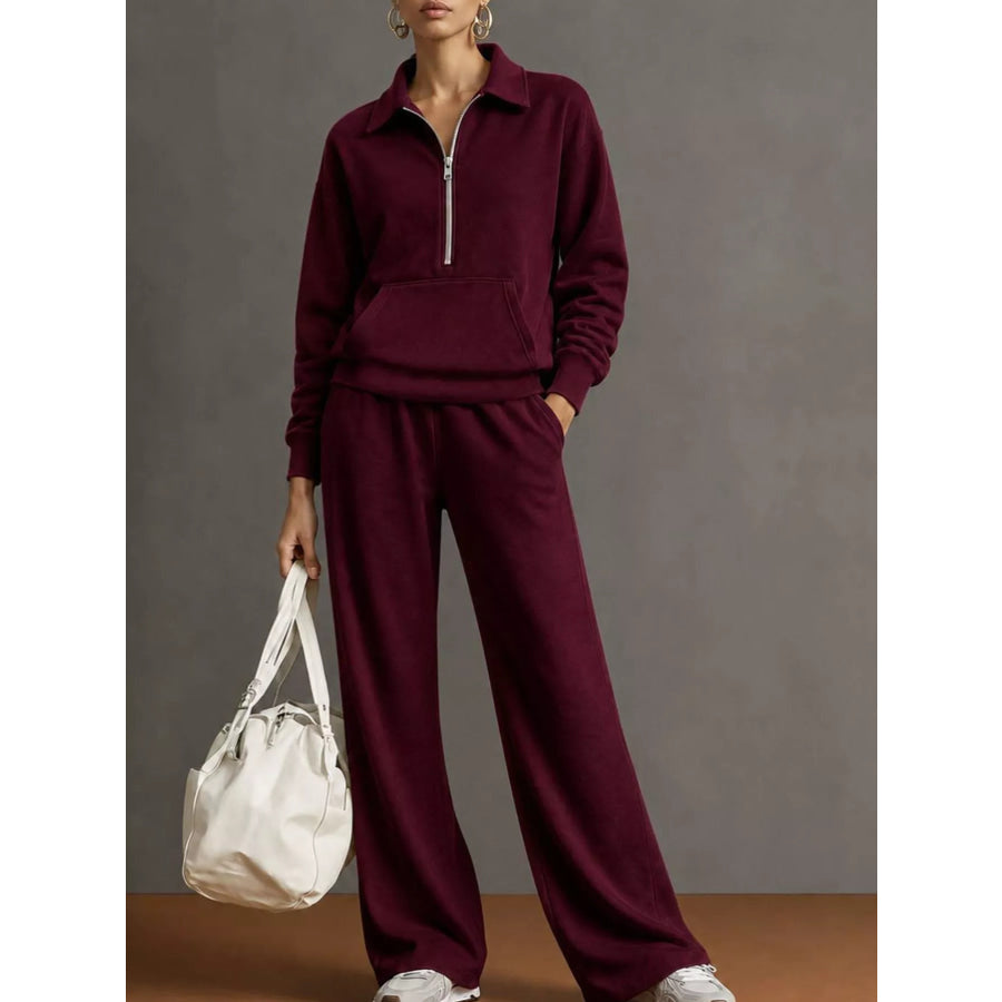 Full Size Half Zip Long Sleeve Top and Pants Set Plus Burgundy / S Apparel Accessories