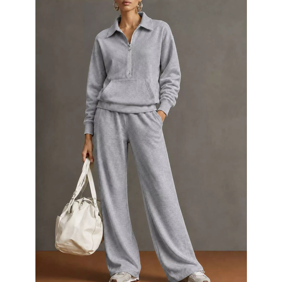 Full Size Half Zip Long Sleeve Top and Pants Set Plus Gray / S Apparel Accessories