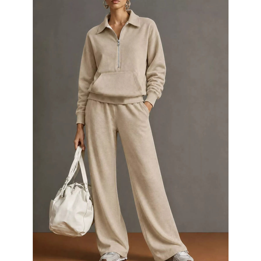 Full Size Half Zip Long Sleeve Top and Pants Set Plus Khaki / S Apparel Accessories