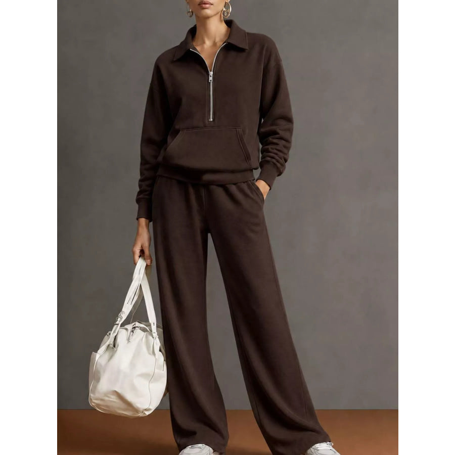 Full Size Half Zip Long Sleeve Top and Pants Set Plus Light Brown / S Apparel Accessories