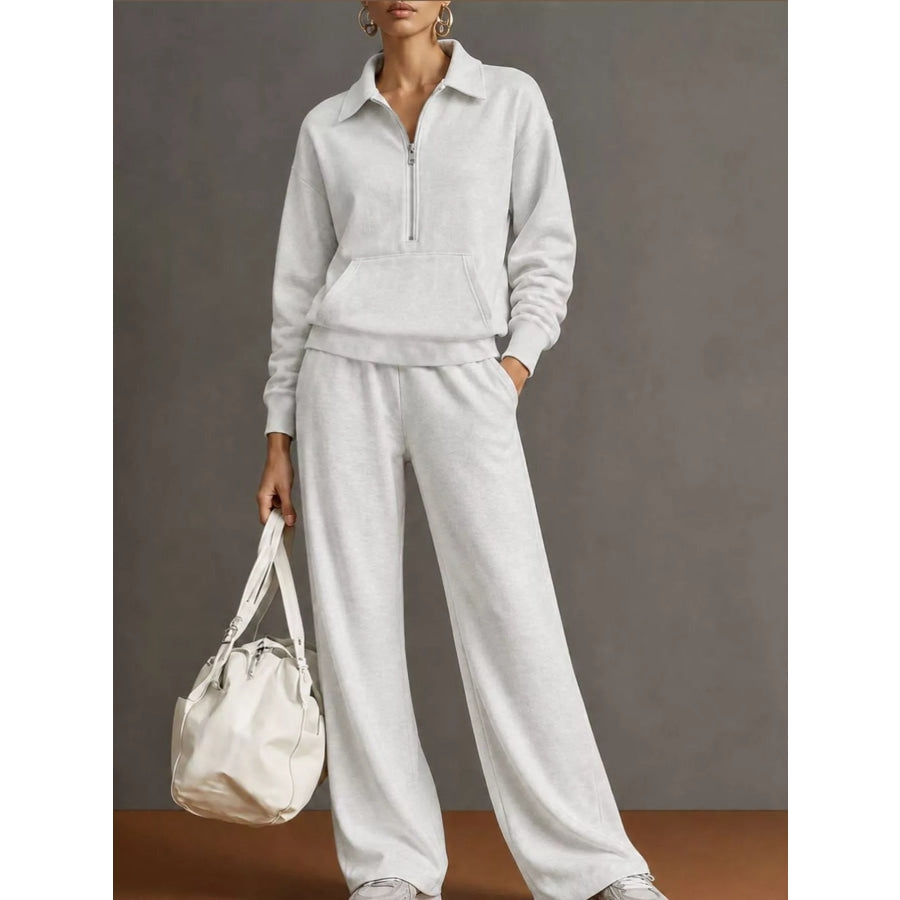 Full Size Half Zip Long Sleeve Top and Pants Set Plus Light Gray / S Apparel Accessories