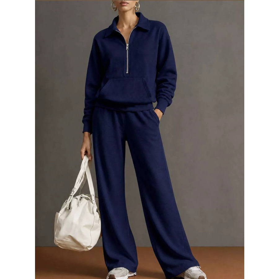 Full Size Half Zip Long Sleeve Top and Pants Set Plus Navy / S Apparel Accessories