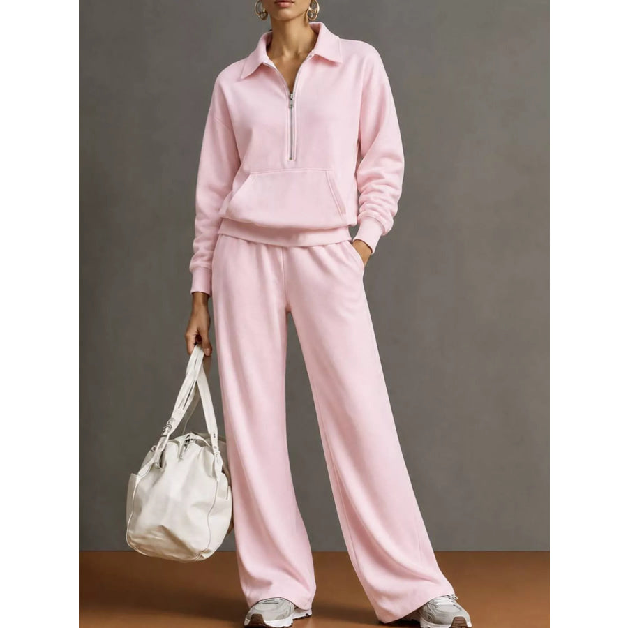 Full Size Half Zip Long Sleeve Top and Pants Set Plus Pink / S Apparel Accessories