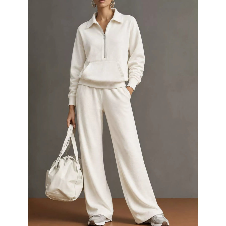 Full Size Half Zip Long Sleeve Top and Pants Set Plus White / S Apparel Accessories