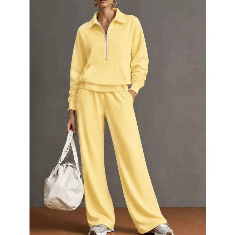 Full Size Half Zip Long Sleeve Top and Pants Set Plus Yellow / S Apparel Accessories