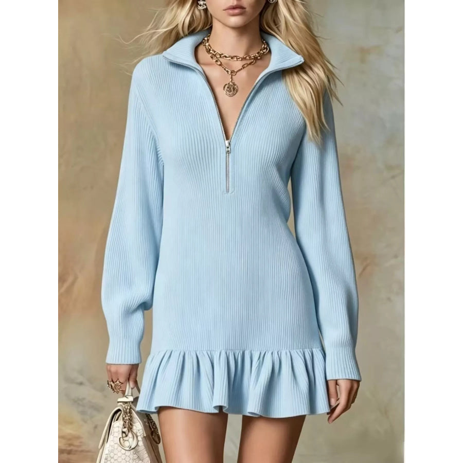 Full Size Half Zip Ruffled Hem Dress Plus Light Blue / S Apparel and Accessories