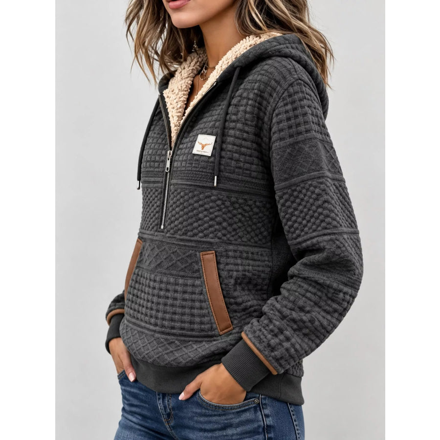 Full Size Half Zip Texture Hoodie Plus Apparel and Accessories