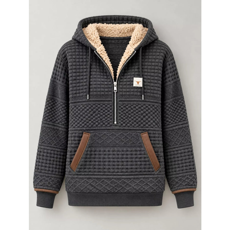 Full Size Half Zip Texture Hoodie Plus Apparel and Accessories