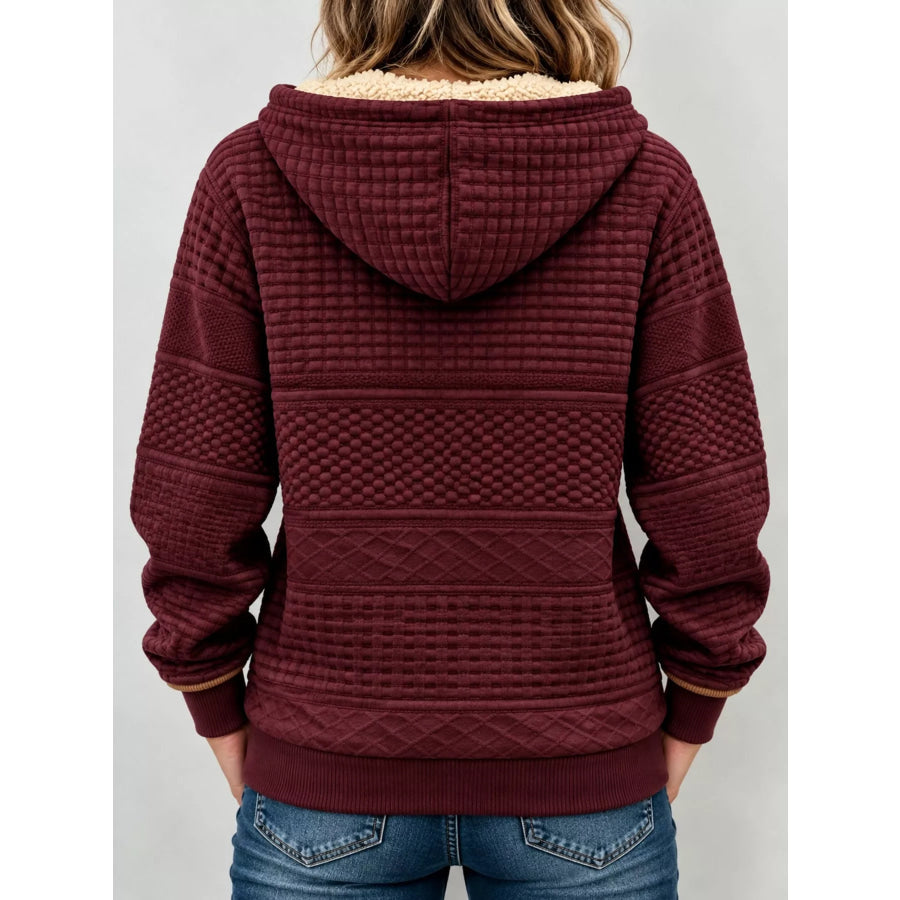 Full Size Half Zip Texture Hoodie Plus Apparel and Accessories