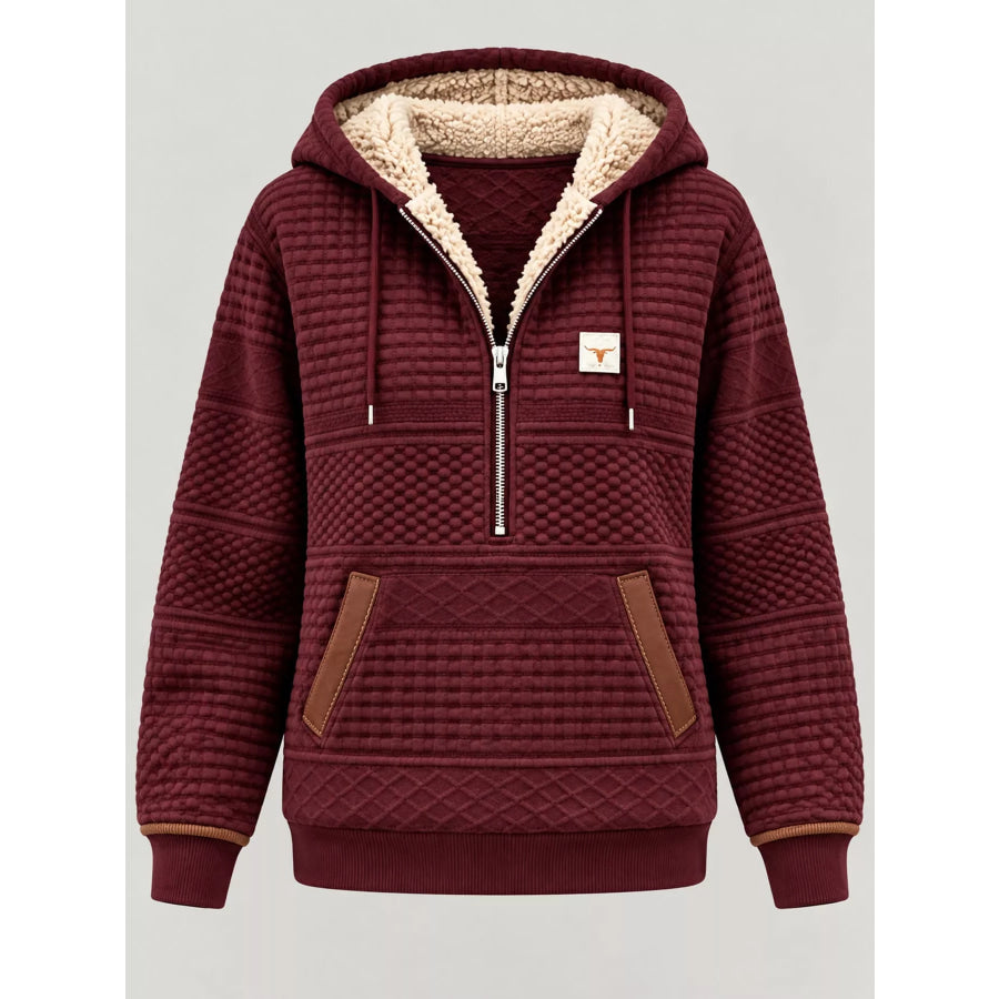 Full Size Half Zip Texture Hoodie Plus Apparel and Accessories
