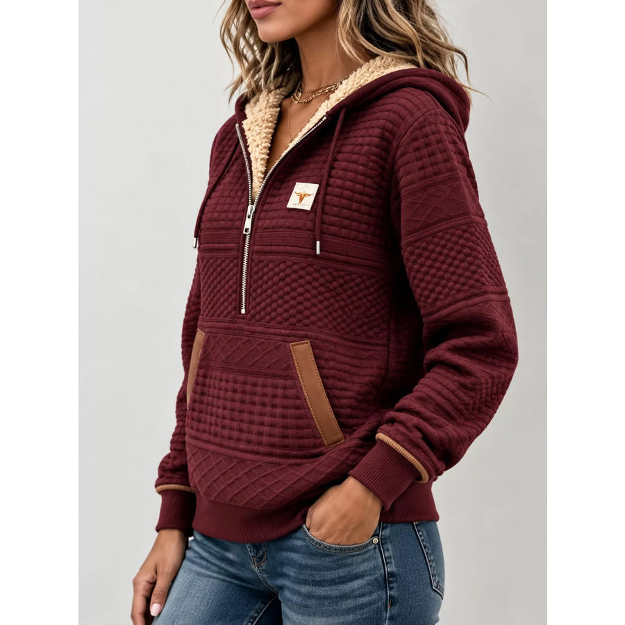 Full Size Half Zip Texture Hoodie Plus Apparel and Accessories