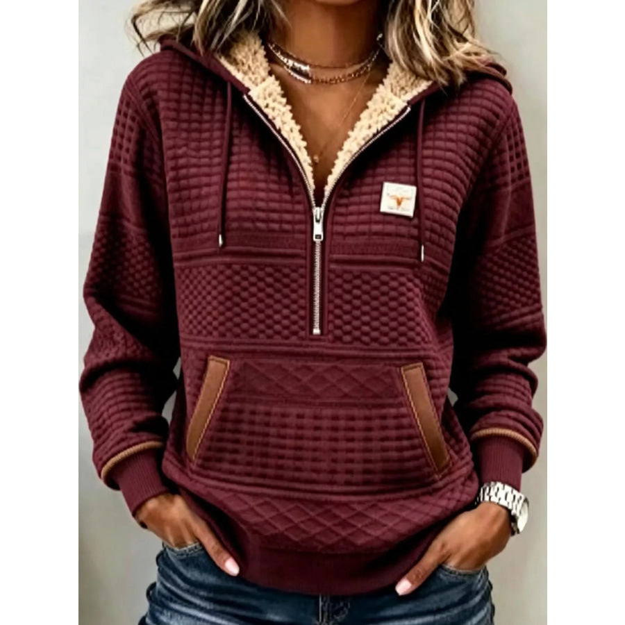 Full Size Half Zip Texture Hoodie Plus Dark Red / S Apparel and Accessories