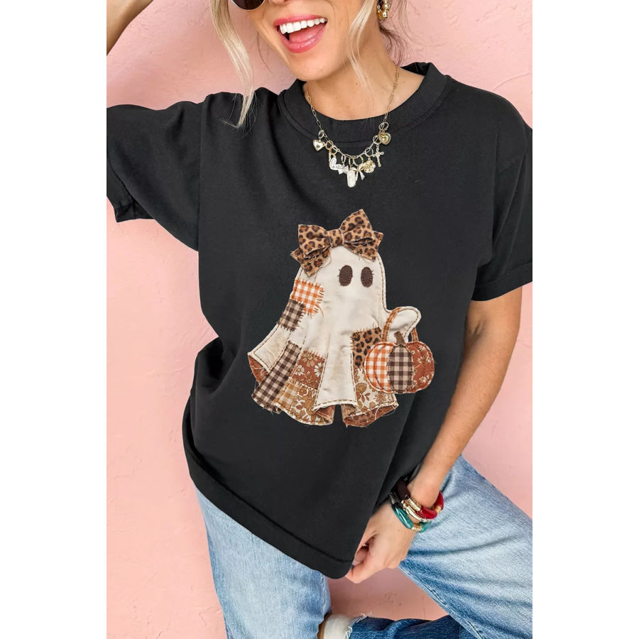 Full Size Halloween Ghost Applique Short Sleeve T-Shirt Plus Size Apparel and Accessories