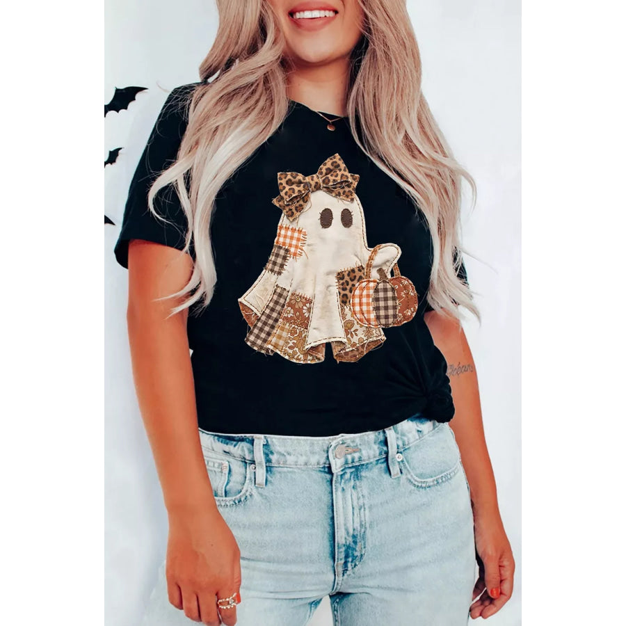Full Size Halloween Ghost Applique Short Sleeve T-Shirt Plus Size Apparel and Accessories