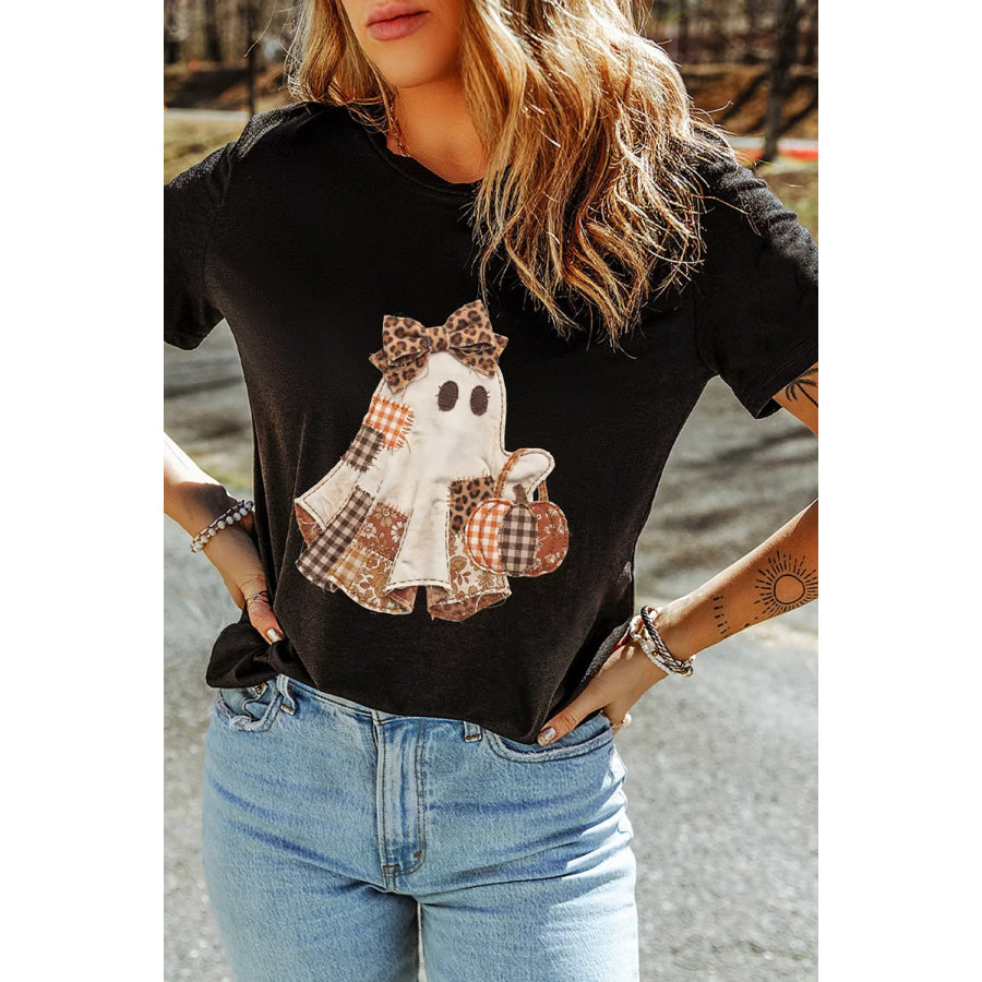 Full Size Halloween Ghost Applique Short Sleeve T-Shirt Plus Size Apparel and Accessories