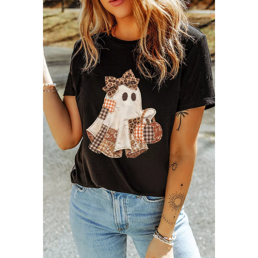 Full Size Halloween Ghost Applique Short Sleeve T-Shirt Plus Size Apparel and Accessories