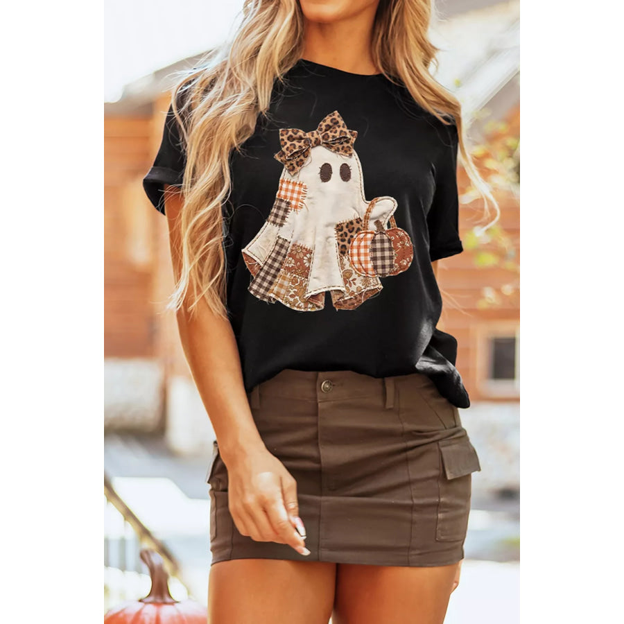 Full Size Halloween Ghost Applique Short Sleeve T-Shirt Plus Size Black / S Apparel and Accessories