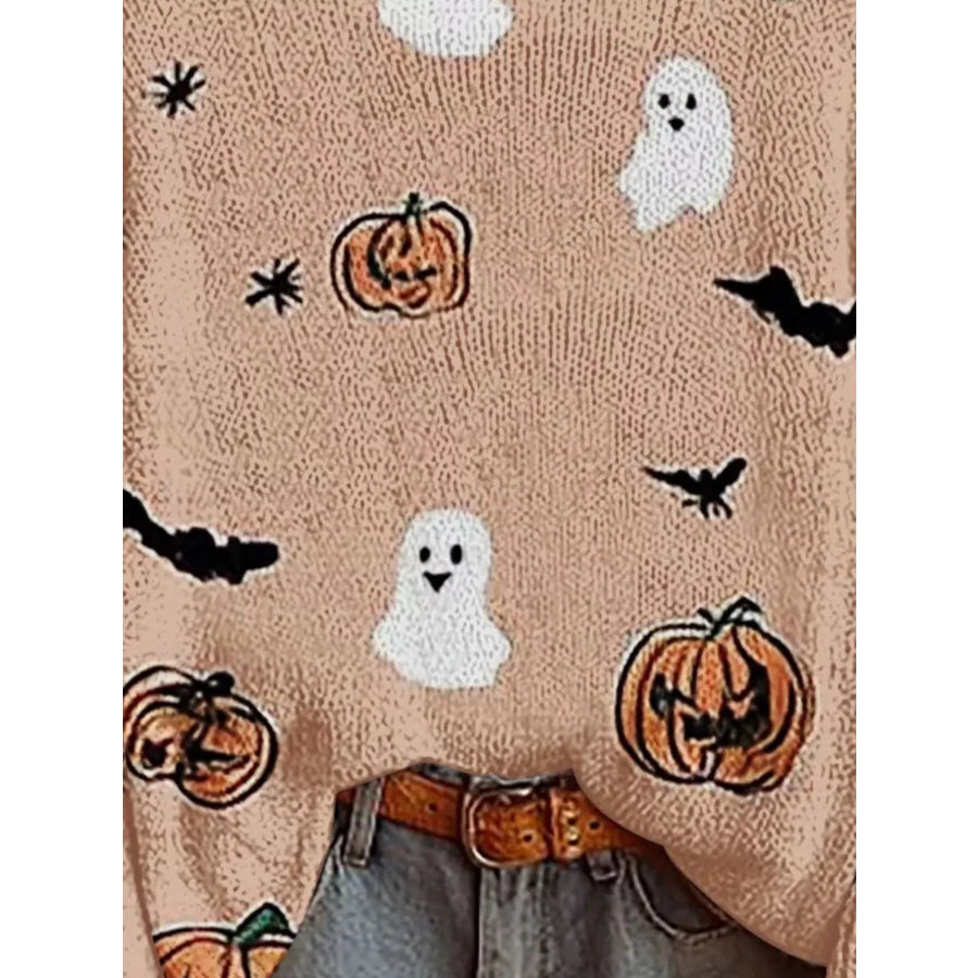 Full Size Halloween Graphic Boat Neck Sweater Plus Pale Blush / S Apparel and Accessories