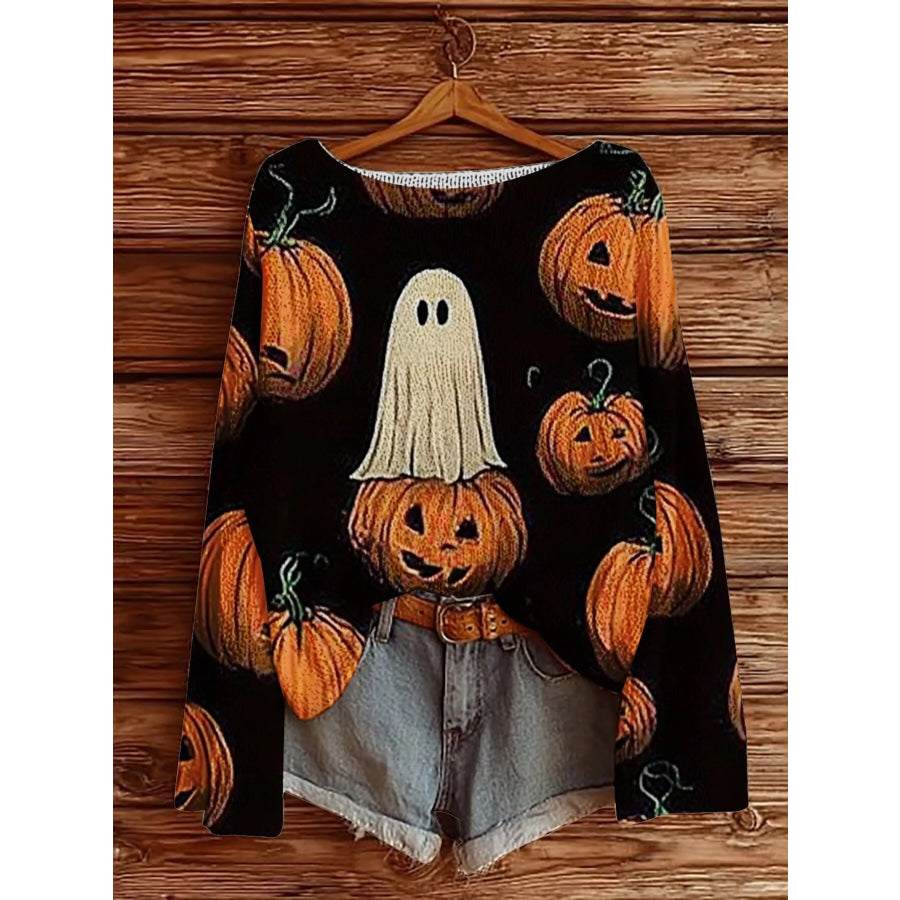 Full Size Halloween Graphic Boat Neck Sweater Plus Black / S Apparel and Accessories
