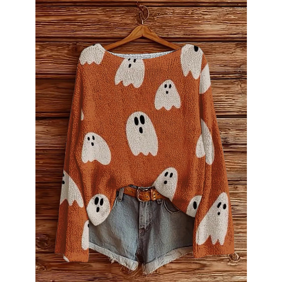 Full Size Halloween Graphic Boat Neck Sweater Plus Orange / S Apparel and Accessories