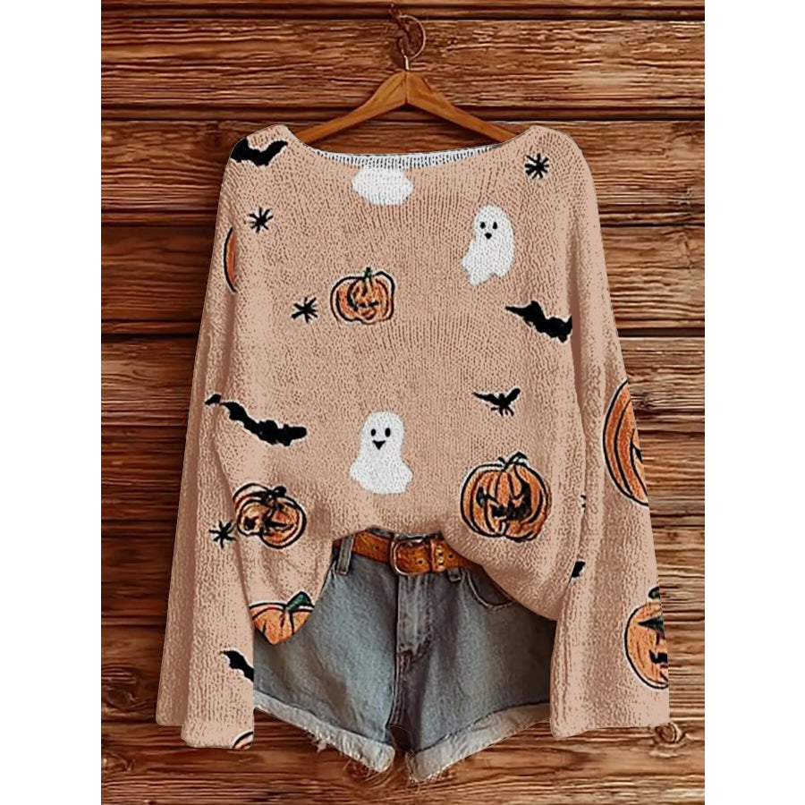 Full Size Halloween Graphic Boat Neck Sweater Plus Pale Blush / S Apparel and Accessories