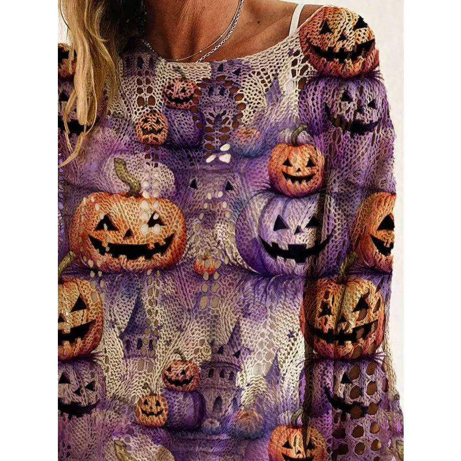 Full Size Halloween Pumpkin Loose Knit Cover Up Plus Size Apparel and Accessories