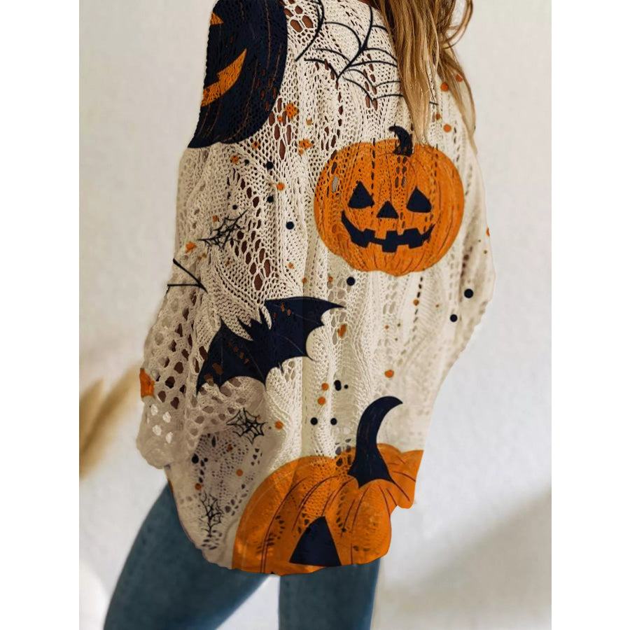 Full Size Halloween Pumpkin Loose Knit Cover Up Plus Size Khaki / S Apparel and Accessories