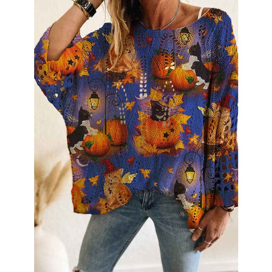 Full Size Halloween Pumpkin Loose Knit Cover Up Plus Size Blue / S Apparel and Accessories