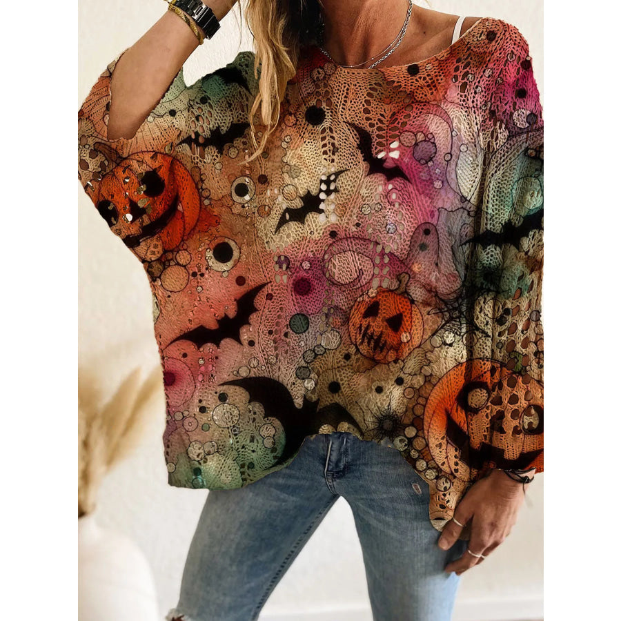 Full Size Halloween Pumpkin Loose Knit Cover Up Plus Size Green / S Apparel and Accessories
