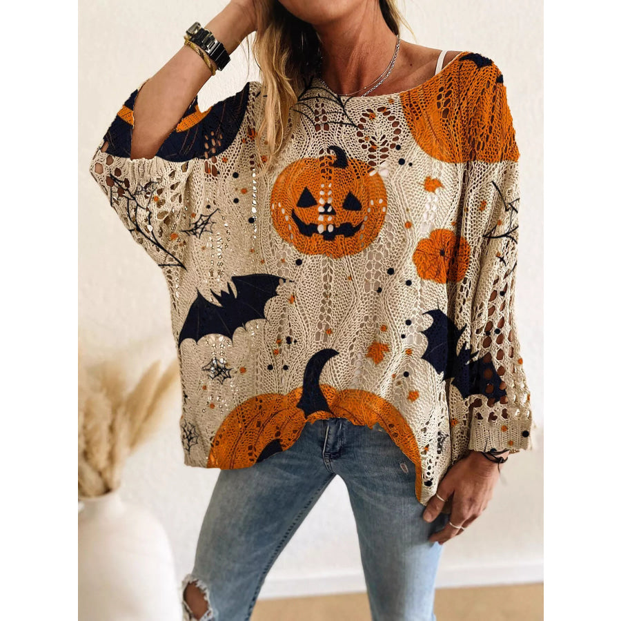 Full Size Halloween Pumpkin Loose Knit Cover Up Plus Size Khaki / S Apparel and Accessories