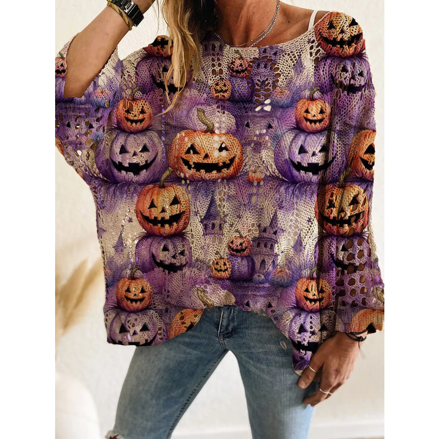 Full Size Halloween Pumpkin Loose Knit Cover Up Plus Size Purple / S Apparel and Accessories