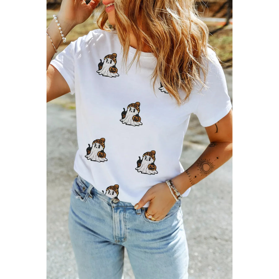 Full Size Halloween Sequin Ghost Print Short Sleeve Casual T-Shirt Plus Size Apparel and Accessories