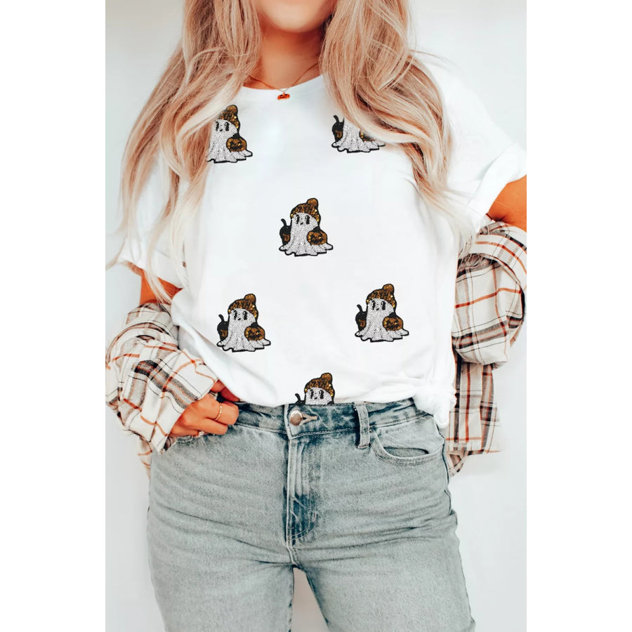 Full Size Halloween Sequin Ghost Print Short Sleeve Casual T-Shirt Plus Size Apparel and Accessories