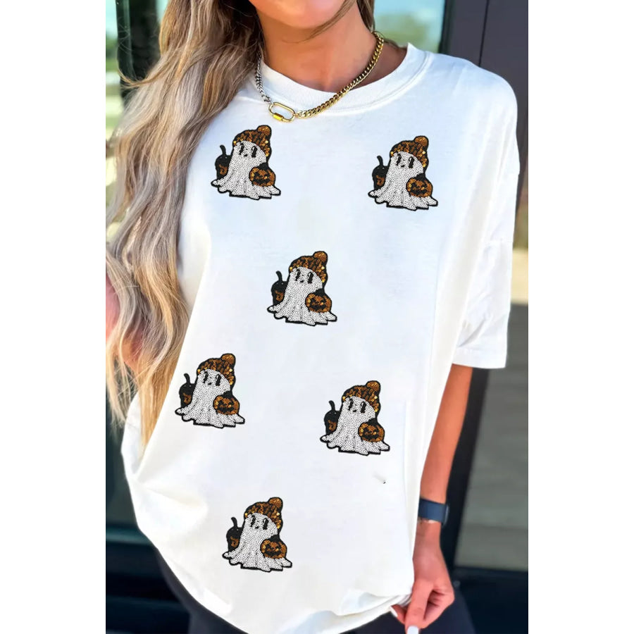 Full Size Halloween Sequin Ghost Print Short Sleeve Casual T-Shirt Plus Size Apparel and Accessories
