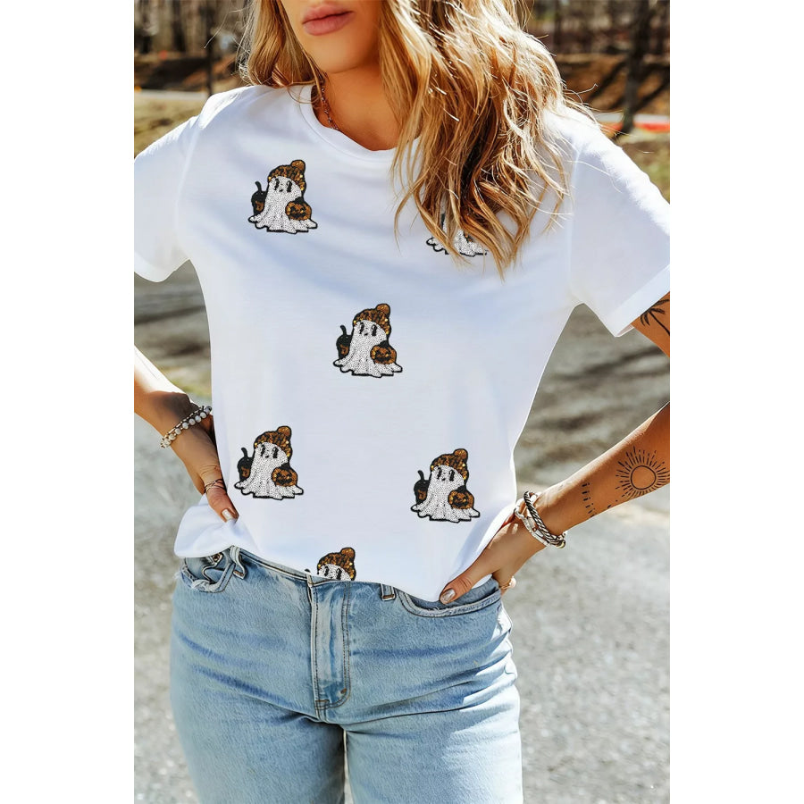 Full Size Halloween Sequin Ghost Print Short Sleeve Casual T-Shirt Plus Size Apparel and Accessories